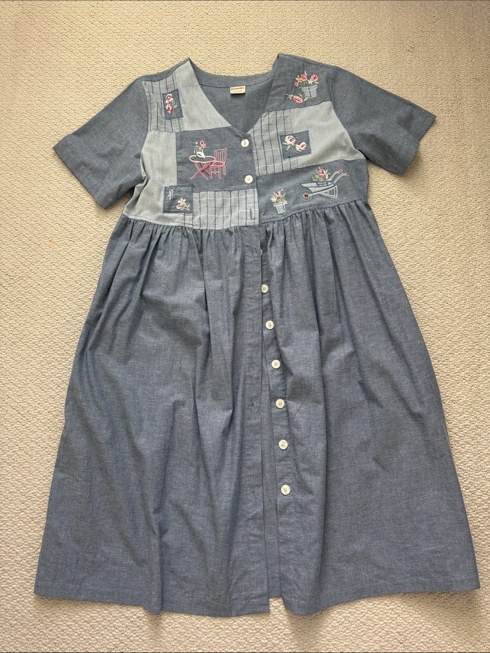 Vintage 90s Bechamel Blue Patchwork Embroidered Button-Front Dress 🌸💐🪏🪴👩🏻‍🌾
